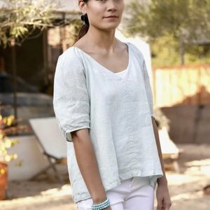 Celine Puff Sleeve Linen Top - Sky Blue